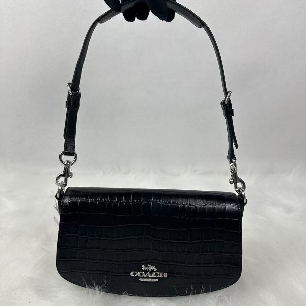 Coach Andrea Shoulder Bag In Crocodile-embossed Leather Black CT770 NWT